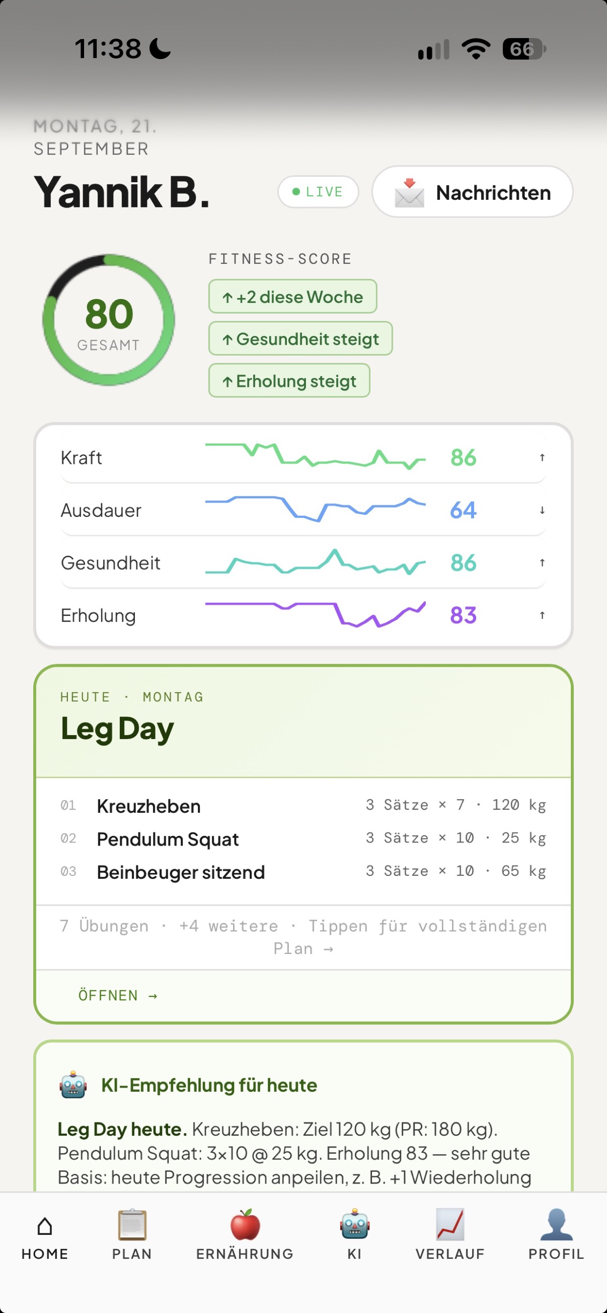 MemberCoach Home Screen mit Fitness-Score, Tagesplan und KI-Empfehlung
