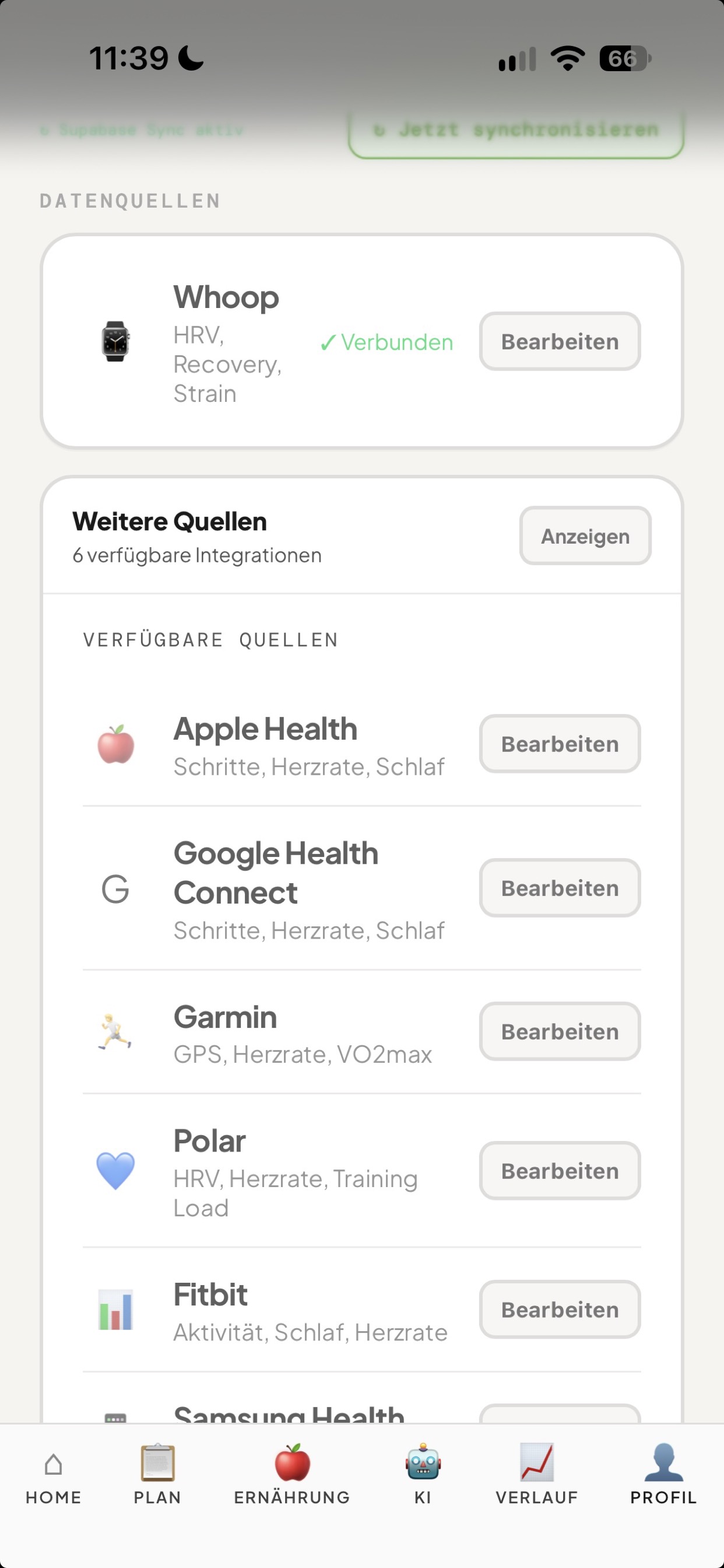 Integrationen Screen mit WHOOP, Apple Health und Google Health Connect