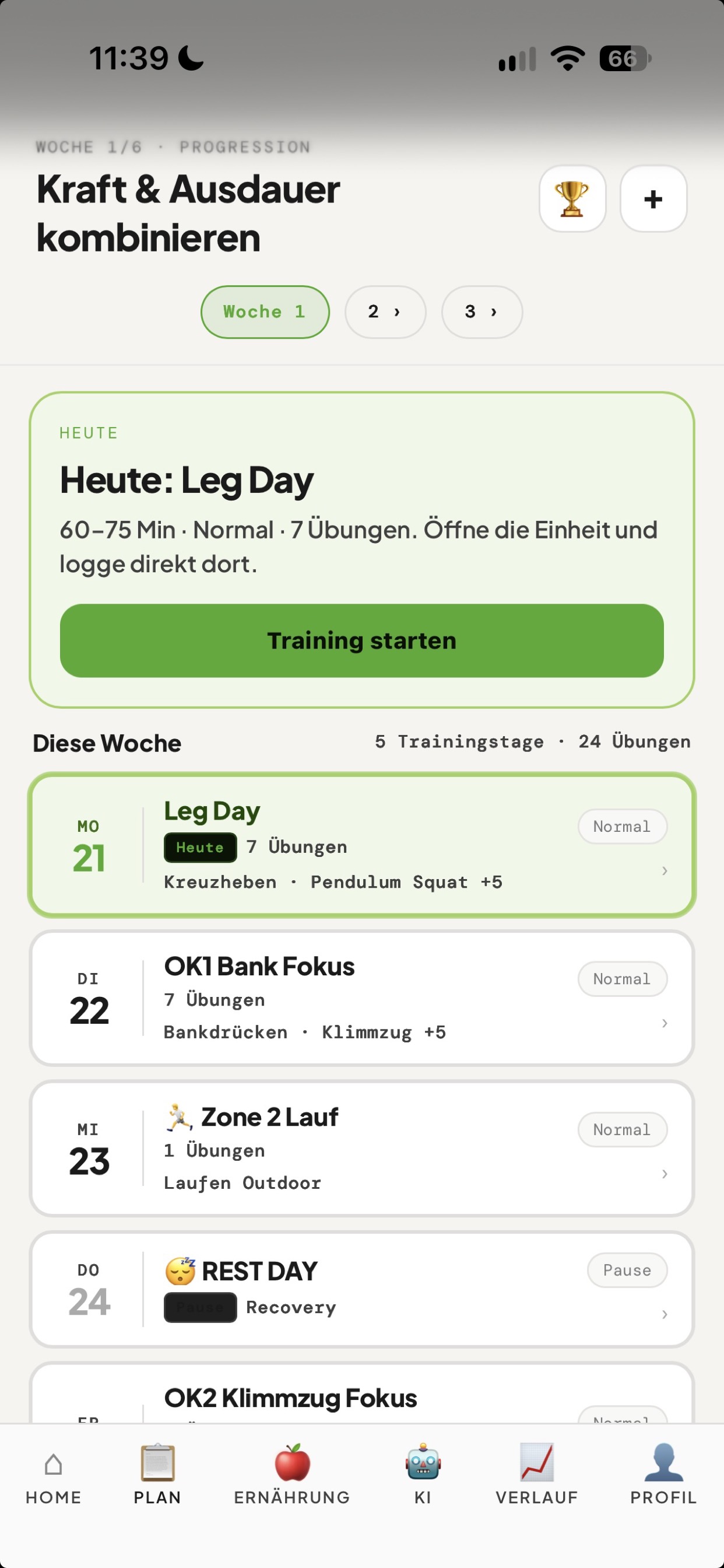 Plan Screen mit Wochenplan und Trainingseinheiten